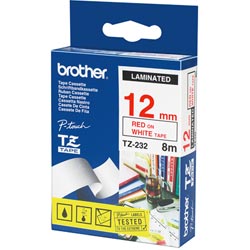 Brother Tze232 Ptouch Tape 12mmx8M Red On White Tape