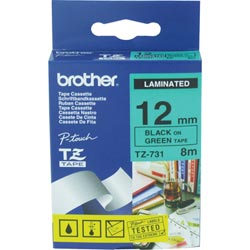 Brother Tze731 Ptouch Tape 12mmx8M Black On Green Tape