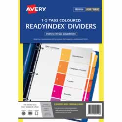 AVERY L7411-5 READY INDEX A4 1-5 Index White, Asstd Tabs Includes 5 Tabs