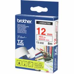 BROTHER TZE232 PTOUCH TAPE 12MMx8M Red on White Tape 