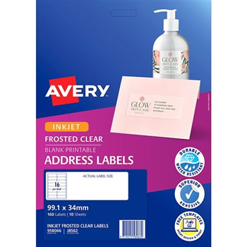 Avery Frosted Clear Inkjet Address Labels J8562 99.1x34mm 16UP 160 Labels 10 Sheets