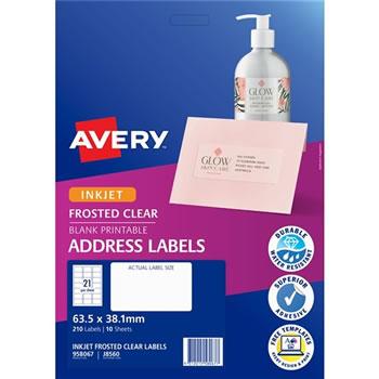 Avery Frosted Clear Inkjet Address Labels J8560 63.5x38.1mm 21UP 210 Labels