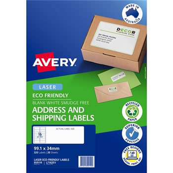 Avery Eco Friendly Labels Laser Printer White 99.1x34mm 16UP 320 Labels