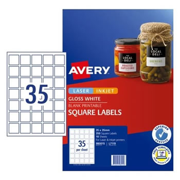 Avery Blank Printable Labels L7119 35 x 35mm Square Gloss White 35UP 350 Labels 10 Sheet