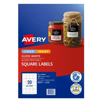 Avery Blank Printable Labels L7124 45 x 45mm Square Gloss White 20UP 200 Labels 10 Sheet