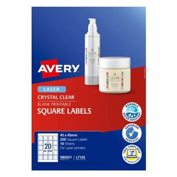 Avery Crystal Clear Labels L7126 45 x 45mm Square Clear 20UP 200 Labels 10 Sheets