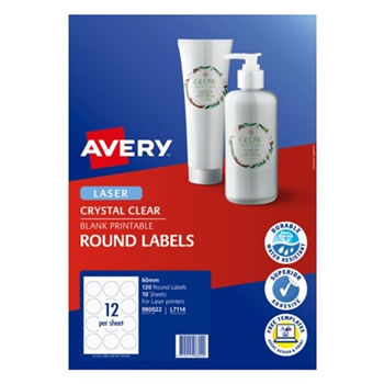 Avery Crystal Clear Labels L7114 60mm Round Clear 12UP 120 Labels 10 Sheets