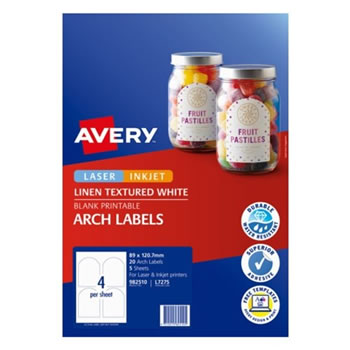 Avery Linen Textured Labels L7275 89 x 120.7mm Arched White 4UP 20 Labels 5 Sheets