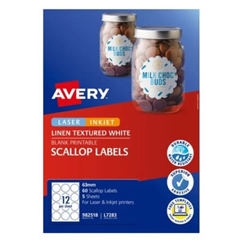 Avery Linen Textured Labels L7283 63mm Scallop White 12UP 60 Labels 5 Sheets