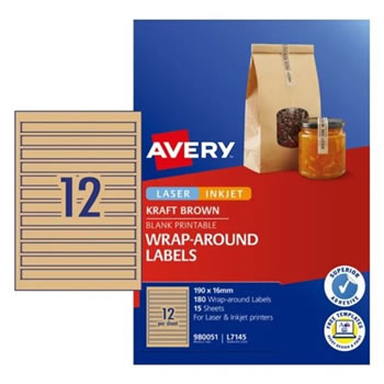 Avery Blank Printable Labels L7145 190 x 16mm Wrap Around Kraft Brown 12UP 180 Labels