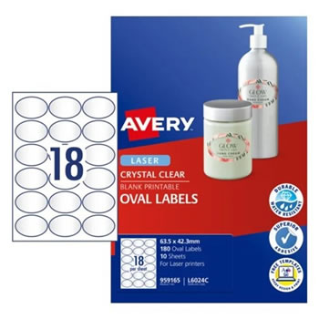 Avery Blank Printable Labels L6024C 63.5 x 42.3mm Oval Clear 18UP 180 Labels 10 Sheet