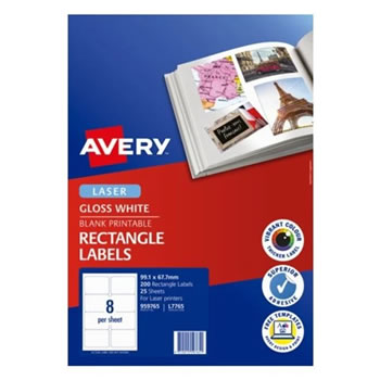 Avery Printable Labels L7765 99.1 x 67.7mm Rectangle Photo Gloss White 8UP 200 Labels