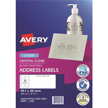 Avery Crystal Clear Laser Address Labels 99.1x38.1mm 14UP 140 Labels 10 Sheets