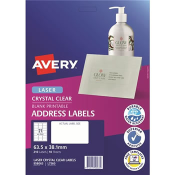 Avery Crystal Clear Laser Address Labels 63.5x38.1mm 21UP 210 Labels 10 Sheets