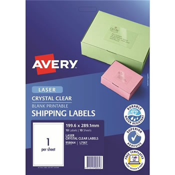 Avery Crystal Clear Laser Address Labels 199.6x289.1mm 1UP 10 Labels 10 Sheets