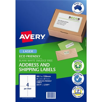 Avery Eco Friendly Labels Laser Printer White 99.1x139mm 4UP 80 Labels