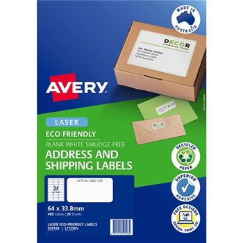 Avery Eco Friendly Labels Laser Printer White 64x33.8 mm 24UP 480 Labels