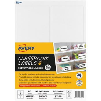 Avery Classroom Labels Laser Printer 99.1 x 139mm White 80 Labels 20 Sheets