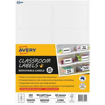 Avery Classroom Labels Laser Printer 99.1 x 67.7mm White 160 Labels 20 Sheets