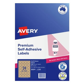 Avery Blank Printable Labels L7304 40mm Round Kraft Brown 24UP 360 Labels 15 Sheets