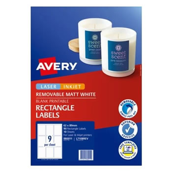 Avery Removable Labels L7108REV 62 x 89mm Rectangle Matte White 9UP 90 Labels
