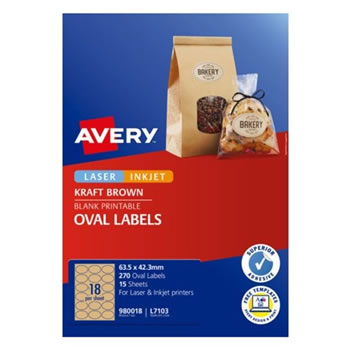 Avery Blank Printable Labels L7103 63.5 x 42.3mm Oval Kraft Brown 18UP 270 Labels 15 Sheet