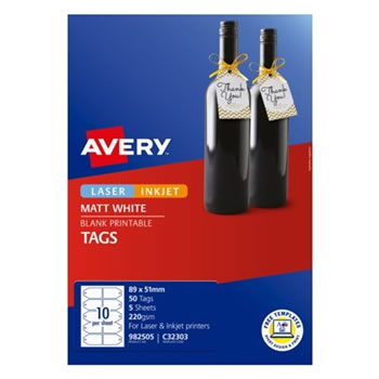 Avery Blank Printable Gift Tag Labels C32303 89 x 51mm Matte White 10UP 50 Tags 5 Sheets