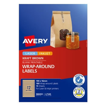 Avery Blank Printable Labels L7145 190 x 16mm Wrap Around Kraft Brown 12UP 180 Labels