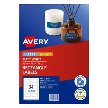 Avery Blank Printable Labels L7665 72 x 21.15mm Rectangle Matte White 24UP 600 Labels