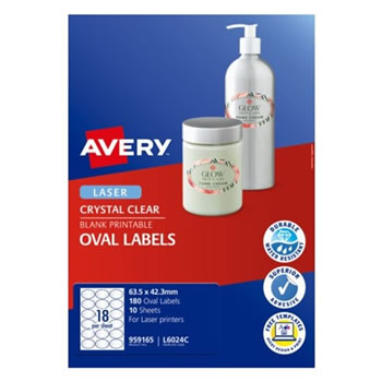 Avery Blank Printable Labels L6024C 63.5 x 42.3mm Oval Clear 18UP 180 Labels 10 Sheet