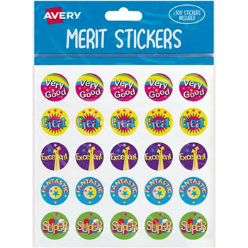 Avery Merit Stickers Caption 1 Round 22mm 5 Designs Assorted Colours 300 Stickers