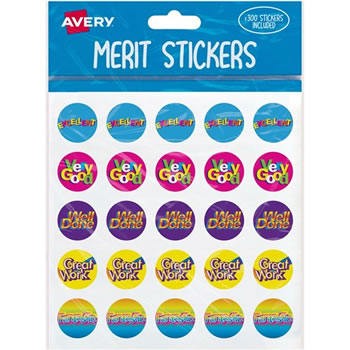 Avery Merit Stickers Caption 2 Round 22mm 5 Designs Assorted Colours 300 Stickers